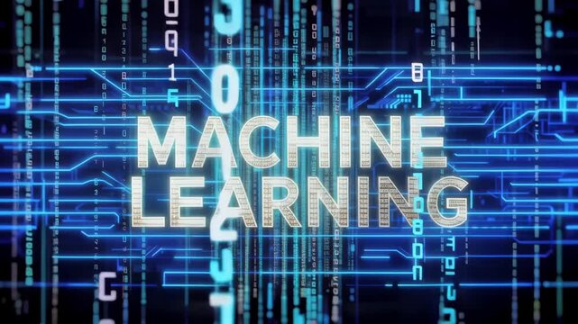 Digital code rain unveils machine learning typography in a cyber technology environment motion graphics display