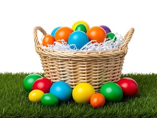Vibrant easter basket filled with colorful eggs on green grass