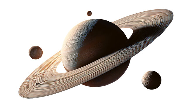 Planet Saturn with Rings and Moons Isolated on White Background