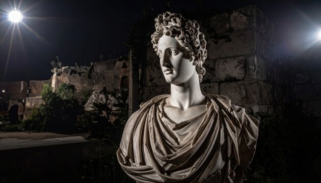 Carved marble bust of a classical figure with flowing robes and intricate detail