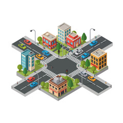 Isometric City Intersection with Buildings, Cars, and Crosswalks