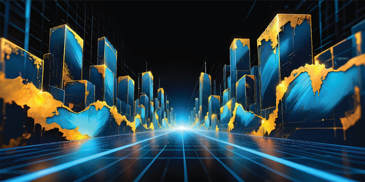Abstract technology background featuring a blue digital cityscape vector illustration with glowing building silhouettes and urban skyscrapers under a night sky
