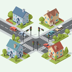 Isometric suburban neighborhood intersection with houses, cars, and traffic lights
