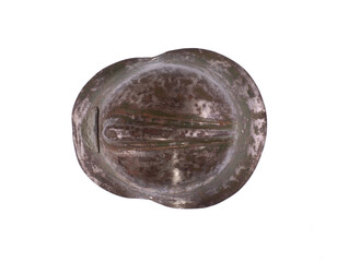 Obraz premium Old rusty iron military helmet isolated on white background