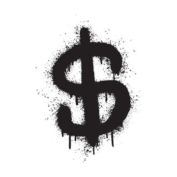 A black dollar sign with a spray paint or graffiti texture, splattered on a white background, symbolizing money, finance, or urban art.