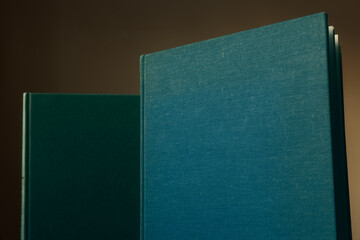 Fototapeta premium Minimalist close-up of two elegant teal linen hardback books standing against a warm brown background. Professional studio lighting highlights the textile texture, ideal for library or education.
