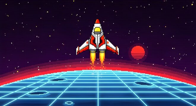 Pixel art spaceship launching from a retro grid planet surface with glowing horizon and stars in space, evoking vintage sci fi and arcade game aesthetics in vibrant colors