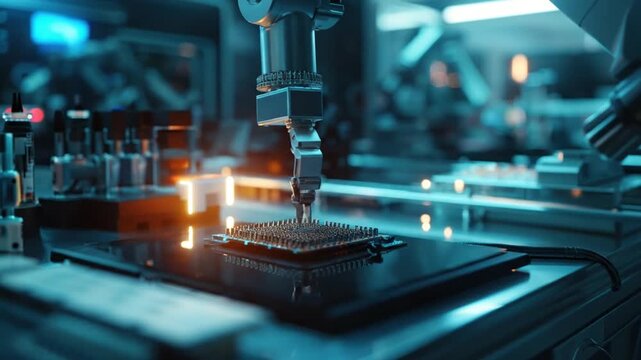Automated robotics arm placing component on electronic circuit board
