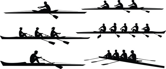 Silhouettes of rowers in different boat configurations on a white background boats black © Icons World