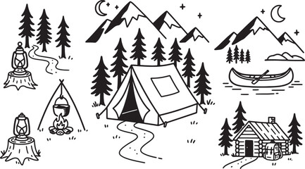 camping and outdoor activities icons set