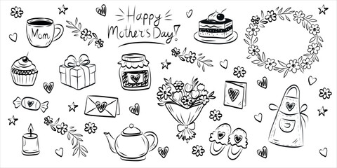 Cute hand drawn Mother's Day doodle set with flowers, gifts, cake, teapot, bouquet, apron, candle and love elements. Perfect for greeting cards, invitations, marketing materials, posters, social media © Vasilisa
