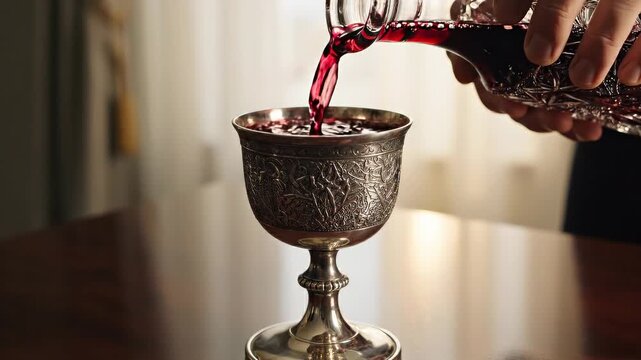 Hand pouring red wine from a crystal decanter into an ornate silver goblet on a wooden table for a religious communion concept and sacred ceremony