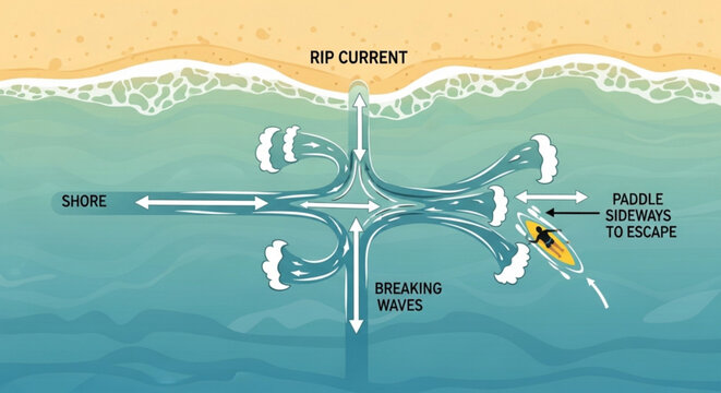 Surfer escaping rip current in ocean waters with breaking waves and shore in the background safety diagram