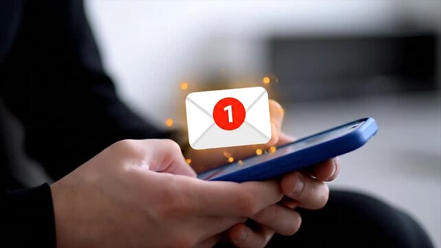 Hand holding smartphone with priority mail notification on screen in office background