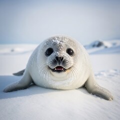Adorable young seal resting on snowy surface.