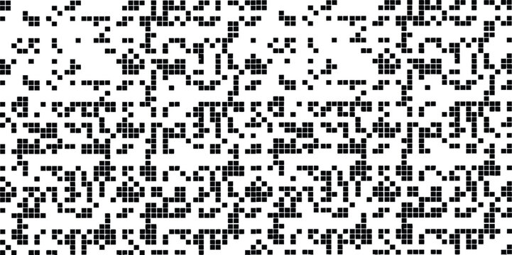 Abstract black pixel noise pattern with random square blocks. Glitch style digital texture with scattered monochrome dots. Modern tech background for data, coding, and futuristic design. 
