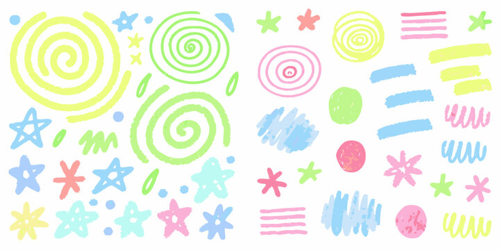 Colorful hand drawn doodles of spirals stars and abstract shapes