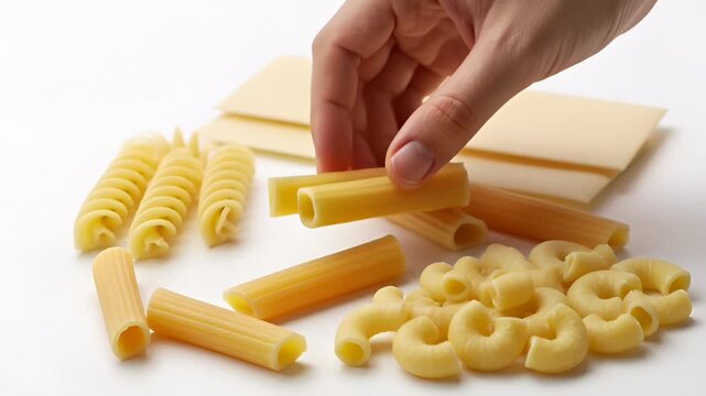 Hand Selecting Dry Pasta Varieties Including Fusilli, Rigatoni, and Macaroni on White Surface