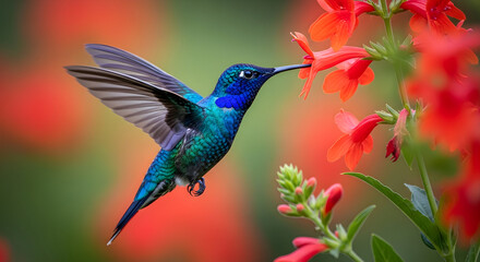 Fototapeta premium Vibrant hummingbird sipping nectar from red flowers