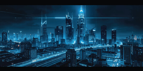 Abstract technology background featuring a blue vector illustration of an urban city skyline with night light silhouettes of downtown business buildings and skyscraper architecture © JAHURA