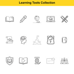 Fototapeta premium A comprehensive collection of educational iconography featuring open books, pencils, globes, diplomas, achievement medals, and student backpacks symbolizing academic learning and study tools.