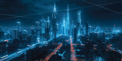 An abstract blue background with sleek lines captures an aerial night view of a glowing Bangkok city skyline and modern urban skyscraper architecture © JAHURA