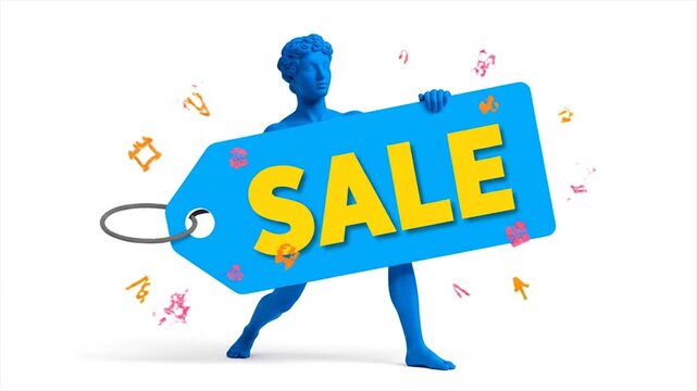 3D Blue Sale Tag Character Holding Discount Sign with Shopping Icons and Confetti Background
