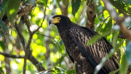 Fototapeta premium Majestic african eagle perched in lush greenery.