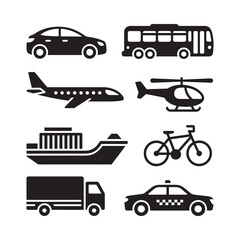 Naklejka premium Black silhouette icons depicting various modes of transportation