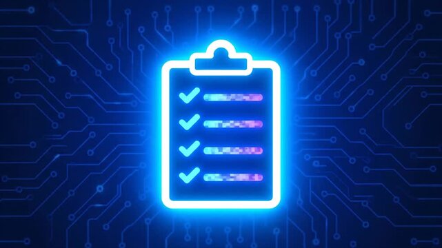 Digital checklist icon glowing neon blue success task completion technology futuristic background