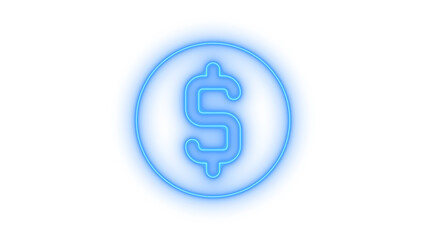 Colorful glowing blue neon dollar sign currency symbol icon, representing finance and money in a modern digital design, isolated on transparent background.