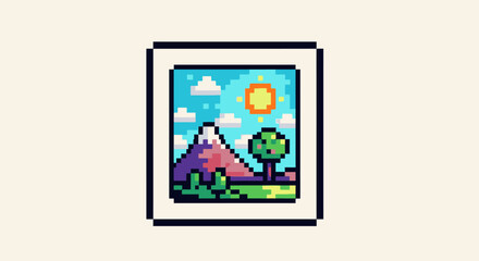 Fototapeta premium Charming pixel art landscape illustration featuring a vibrant mountain, lush green tree, and bright sun under a blue sky with fluffy clouds, framed as a digital image icon.