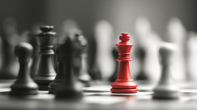 A striking image of a red king chess piece surrounded by monochromatic black and white pieces, symbolizing strategy, competition, and the complexity of decision-making in chess.