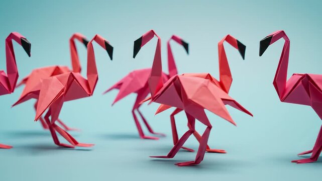 A group of pink origami flamingos standing in a line on a blue background