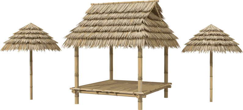 Traditional bamboo hut with thatched roof, tropical village shelter vector illustration, rustic wooden pavilion, rural Asian house structure isolated on white