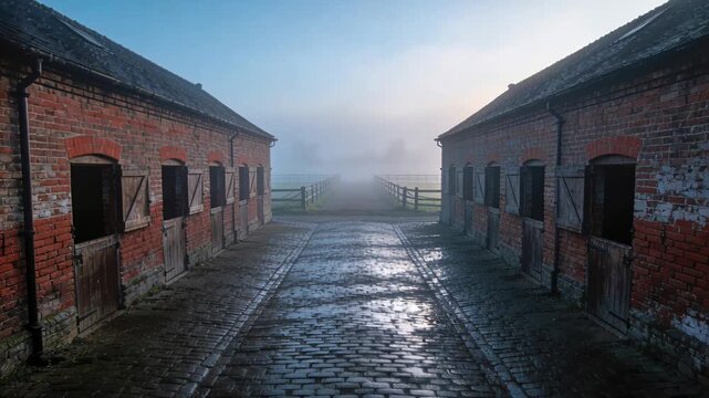 Misty sunrise revealing a wet cobblestone path between two old brick horse stables on a farm