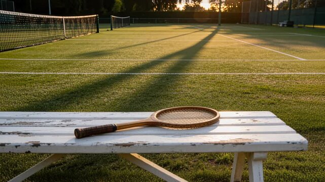 Old tennis racket on a white bench with a green court and golden hour light in the background