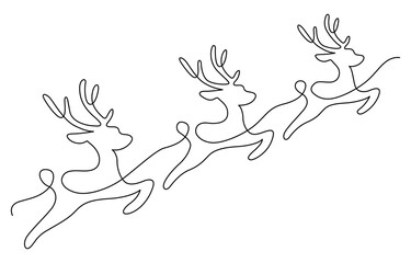 One continuous line drawing of christmas reindeer. Wild animal deer with antlers is dynamic silhouette in simple linear style