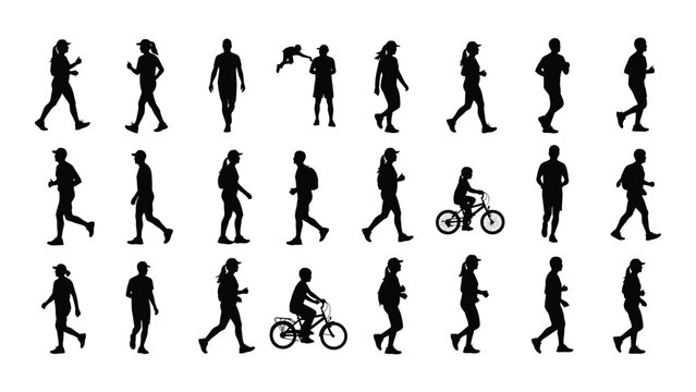 Various people walking and riding bicycles in different poses