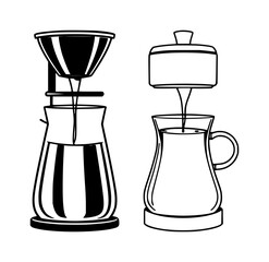 Pour-over coffee set with sleek black line art illustration on white background featuring coffee, pour-over, espresso with beans and cup