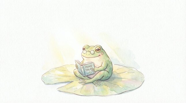 Cute chubby frog reading on lily pad