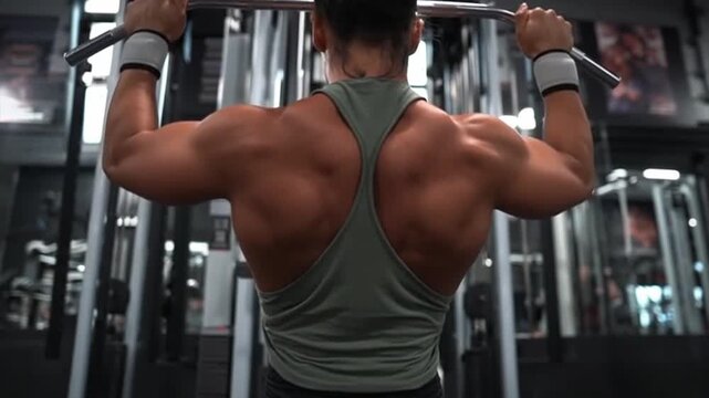 A muscular man with his back to the camera, wearing a sleeveless olive green shirt, performs a lat pulldown exercise at a gym with a blurred background of equipment