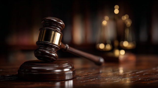 A wooden gavel is placed on a polished table alongside a golden justice scale