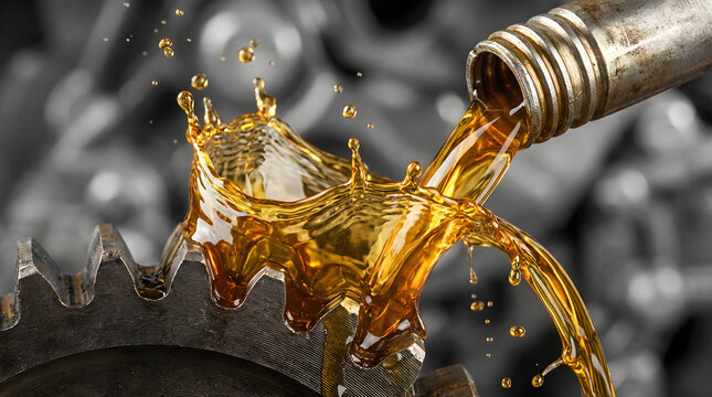 Viscous golden motor oil splashes dynamically onto a dark metal gear for machinery lubrication maintenance