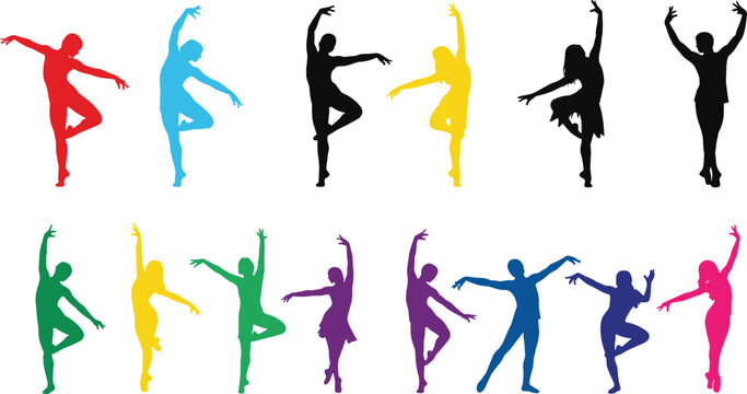 Colorful dancer silhouette vector illustration featuring diverse poses, expressive movement, artistic design, vibrant colors, and creative performance inspiration