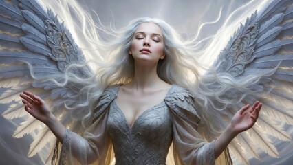 Ethereal female angel with silver hair and detailed wings in serene glow.