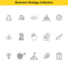 Fototapeta premium A set of black and white line icons illustrates various concepts related to business strategy, goal achievement, and organizational planning for corporate presentations.