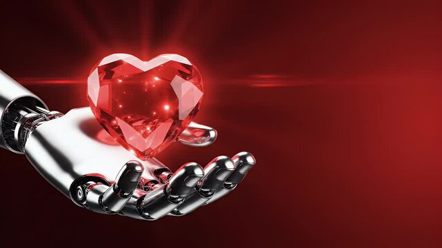 Sleek robotic hand cradles a radiant, multifaceted ruby heart