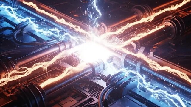 Electricity flowing through metallic pipes with sparks and lightning.