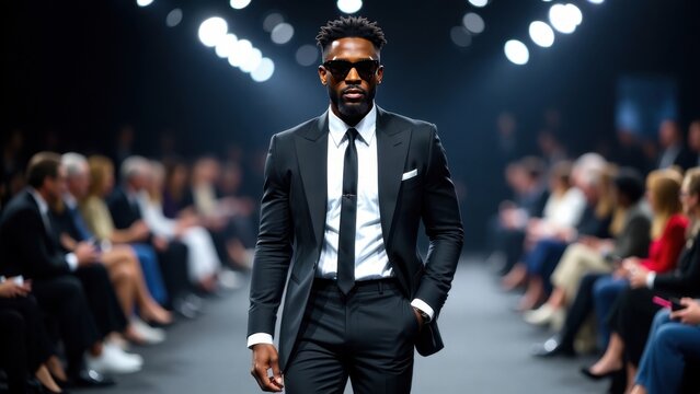 Confident african male model showcasing elegant suit on fashion runway.